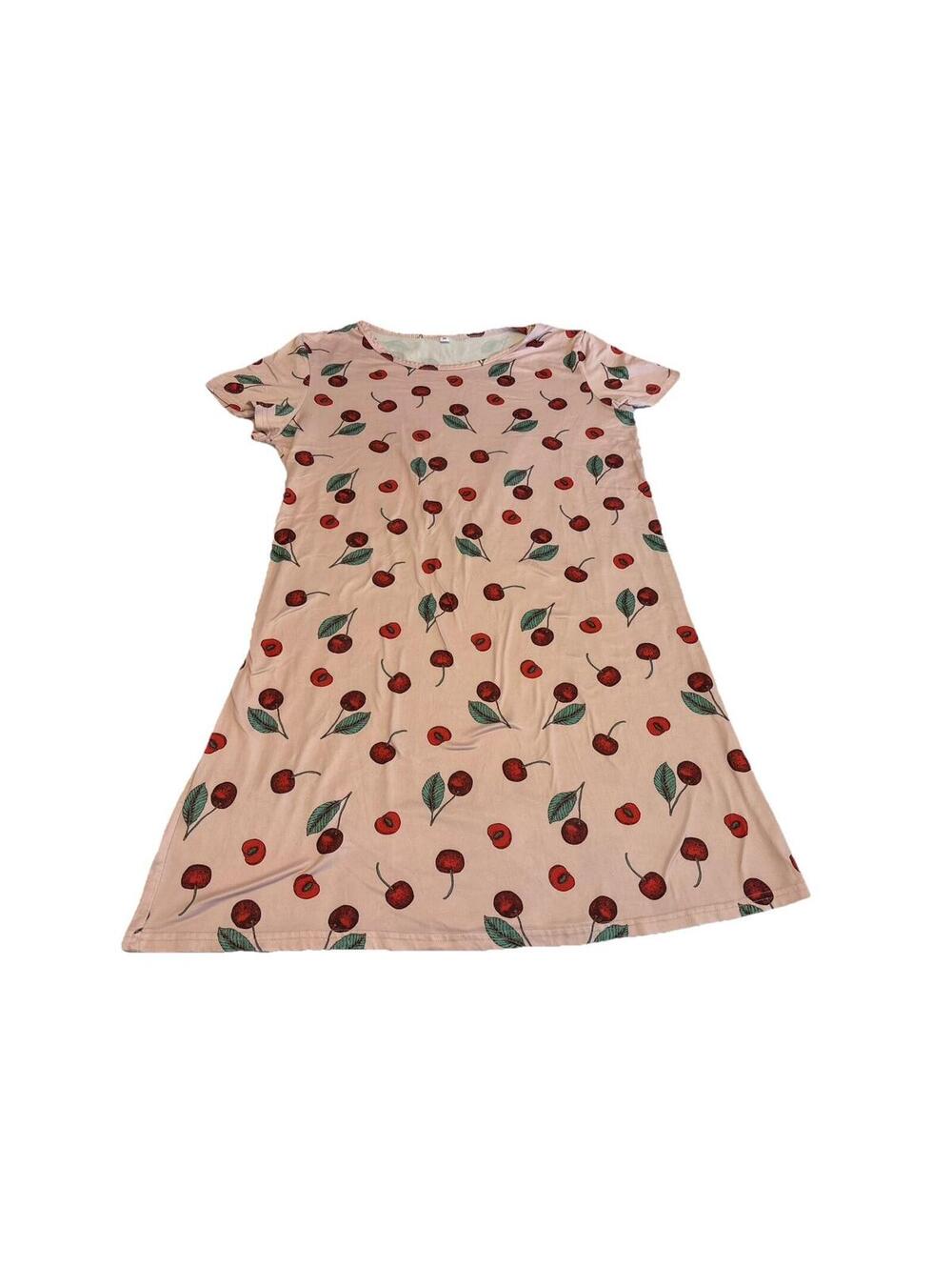 Women’s Pink Cherry Print Short Sleeve Flowy Dress Size Medium